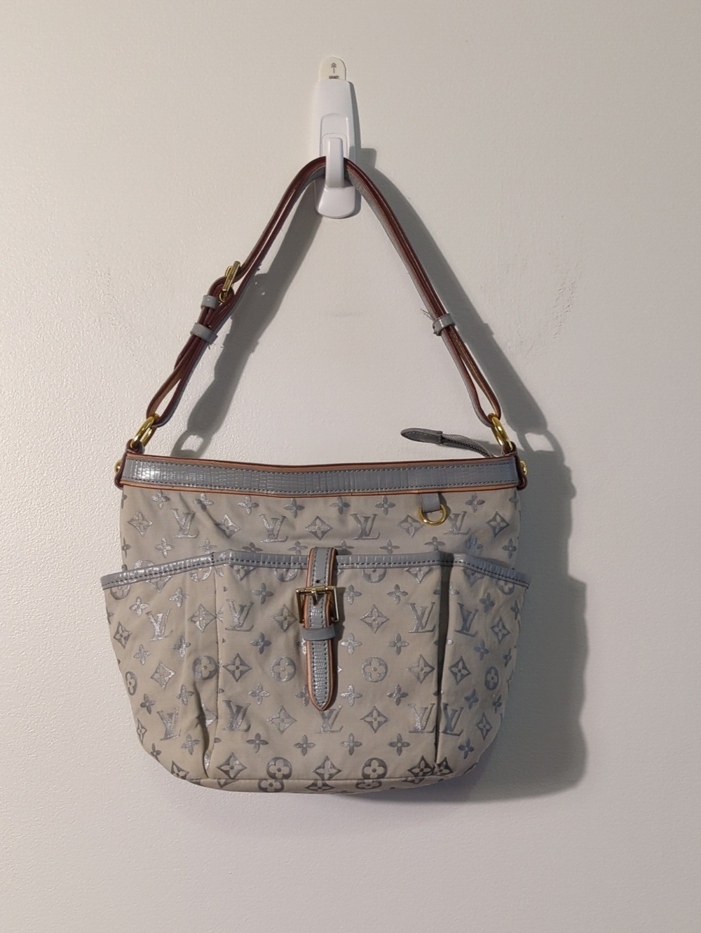 well loved silver monogram canvas shoulder bag with grey and brown trim